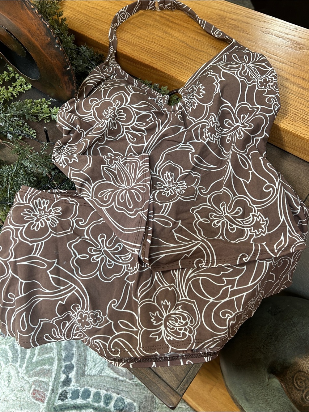 Apt. 9 Brown and White Floral Halter Bikini Set vintage. Size 10
